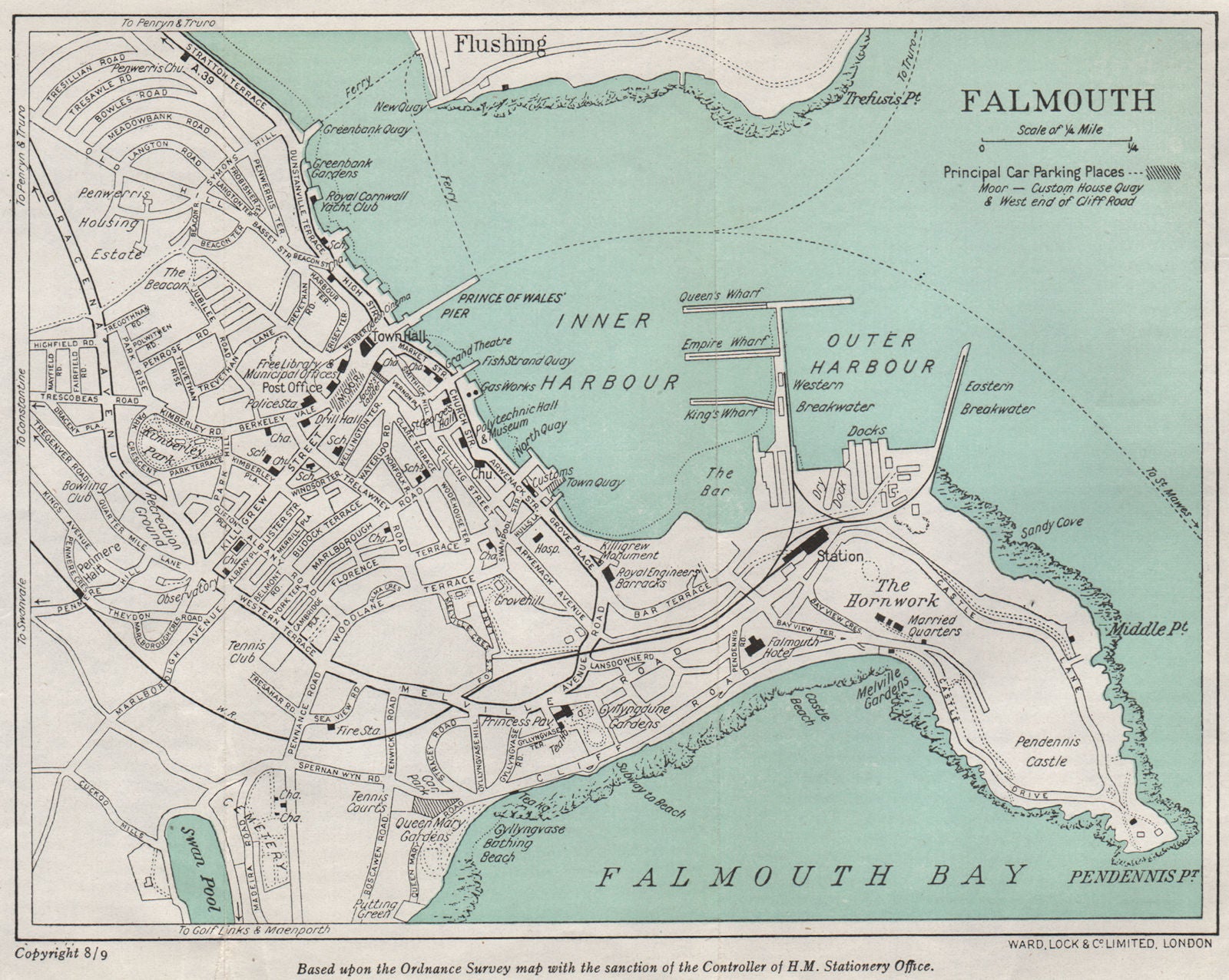 FALMOUTH vintage city/town plan. Cornwall. WARD LOCK 1948 old vintage map